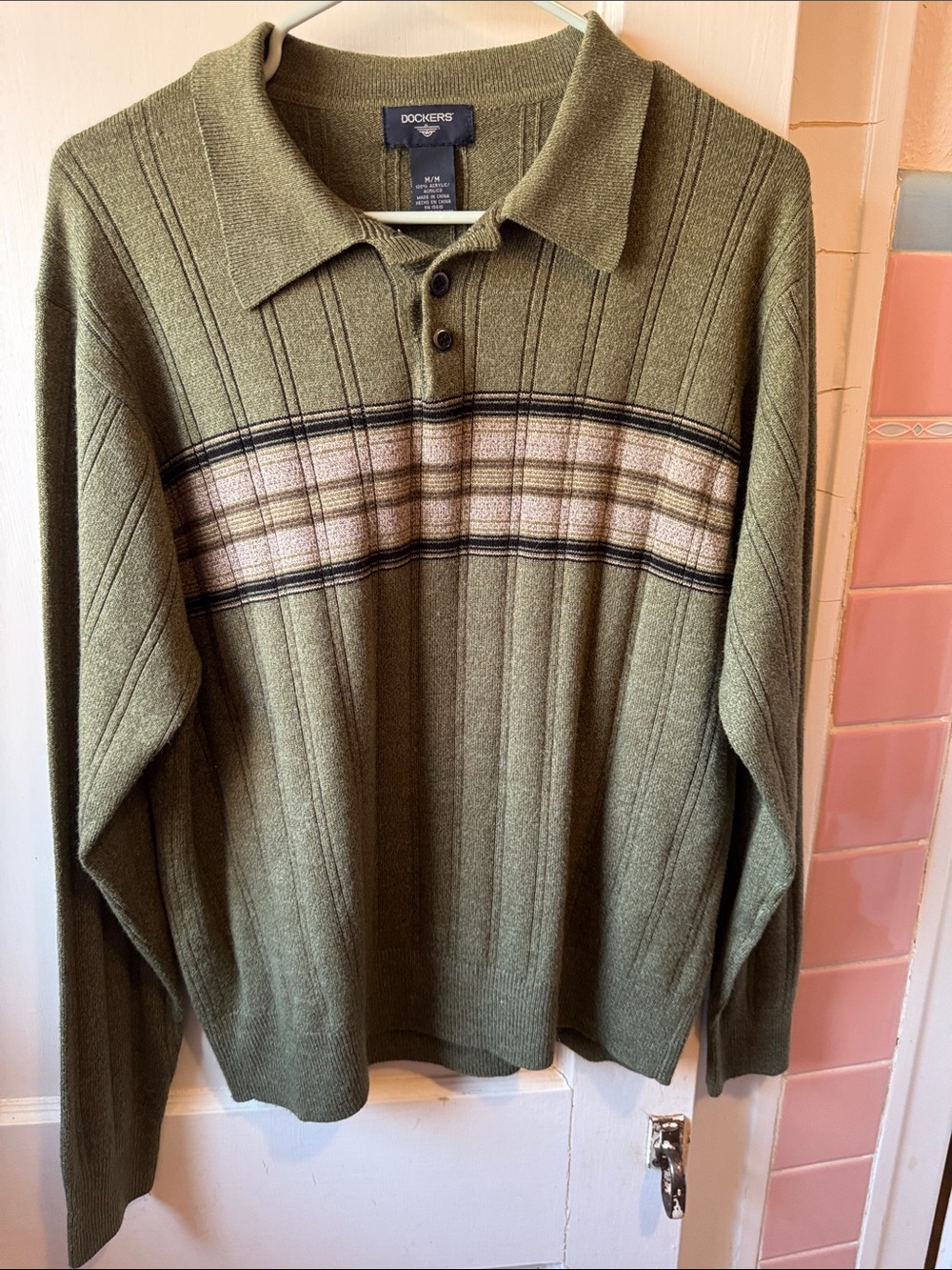 Dockers Olive and Tan Striped V-Neck Ribbed Polo Sweater